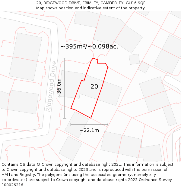 20, RIDGEWOOD DRIVE, FRIMLEY, CAMBERLEY, GU16 9QF: Plot and title map