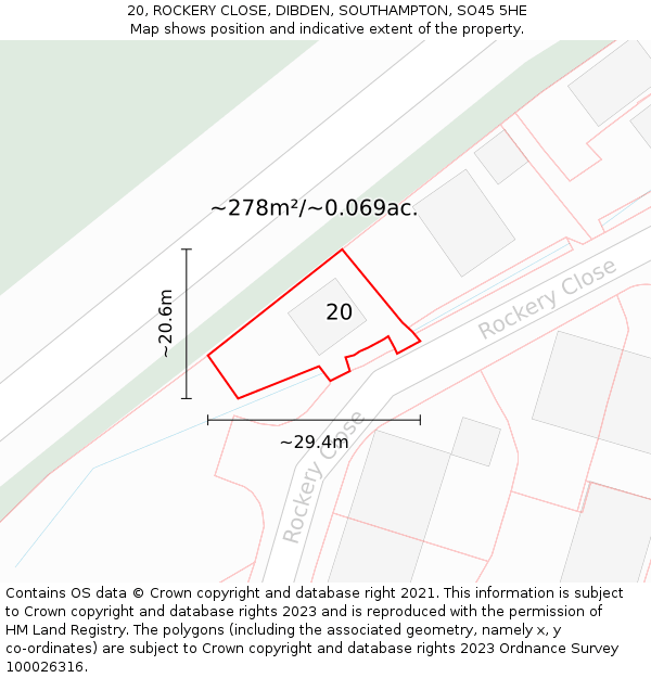 20, ROCKERY CLOSE, DIBDEN, SOUTHAMPTON, SO45 5HE: Plot and title map