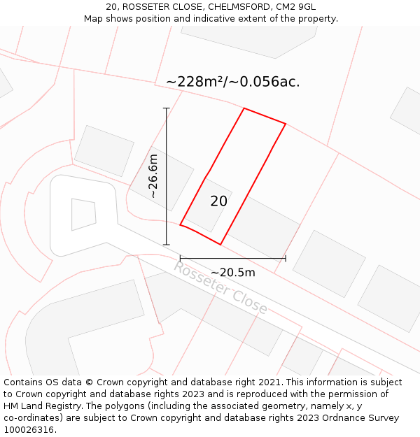 20, ROSSETER CLOSE, CHELMSFORD, CM2 9GL: Plot and title map