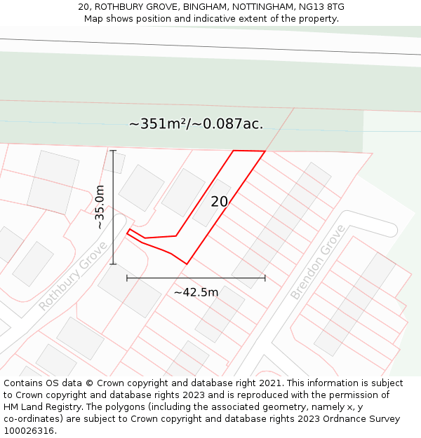 20, ROTHBURY GROVE, BINGHAM, NOTTINGHAM, NG13 8TG: Plot and title map