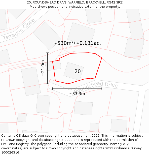 20, ROUNDSHEAD DRIVE, WARFIELD, BRACKNELL, RG42 3RZ: Plot and title map