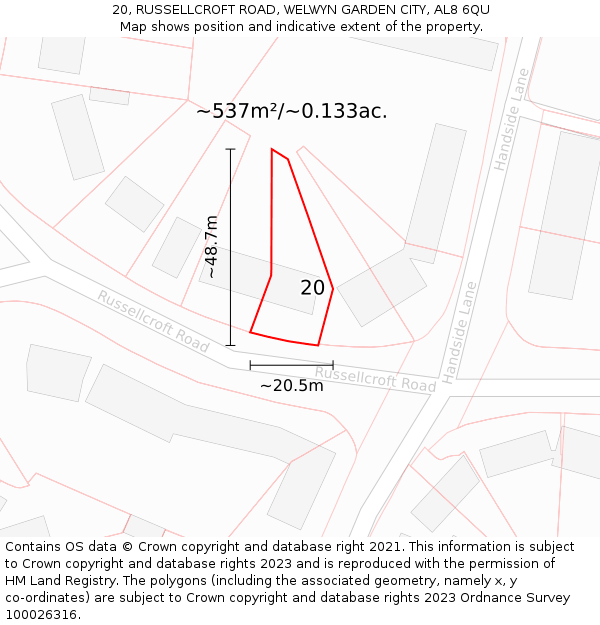 20, RUSSELLCROFT ROAD, WELWYN GARDEN CITY, AL8 6QU: Plot and title map