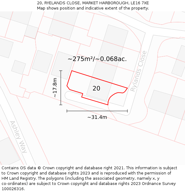 20, RYELANDS CLOSE, MARKET HARBOROUGH, LE16 7XE: Plot and title map