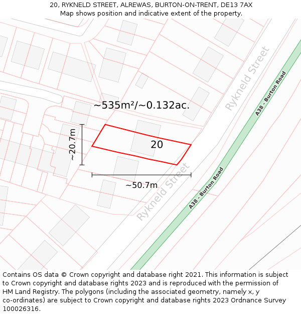 20, RYKNELD STREET, ALREWAS, BURTON-ON-TRENT, DE13 7AX: Plot and title map