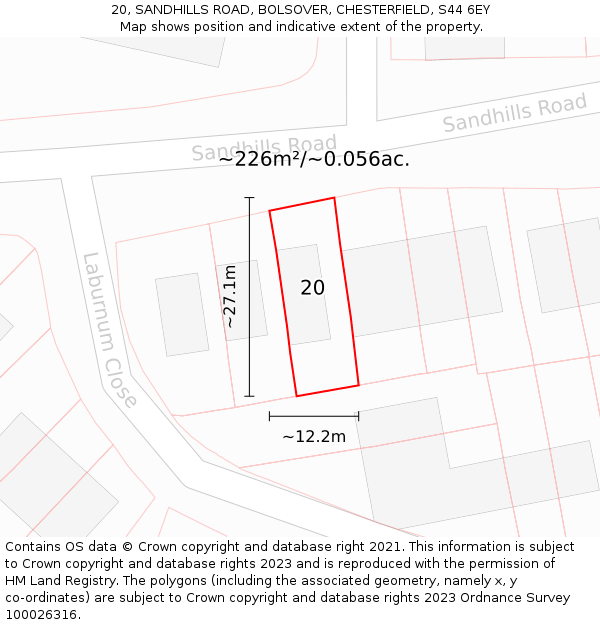 20, SANDHILLS ROAD, BOLSOVER, CHESTERFIELD, S44 6EY: Plot and title map