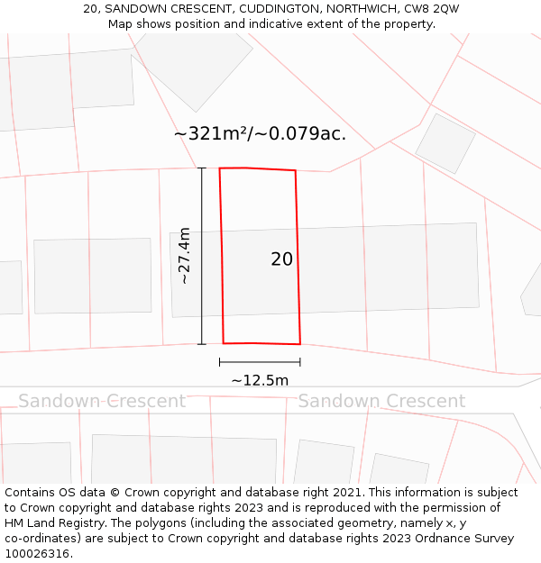 20, SANDOWN CRESCENT, CUDDINGTON, NORTHWICH, CW8 2QW: Plot and title map