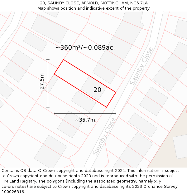 20, SAUNBY CLOSE, ARNOLD, NOTTINGHAM, NG5 7LA: Plot and title map