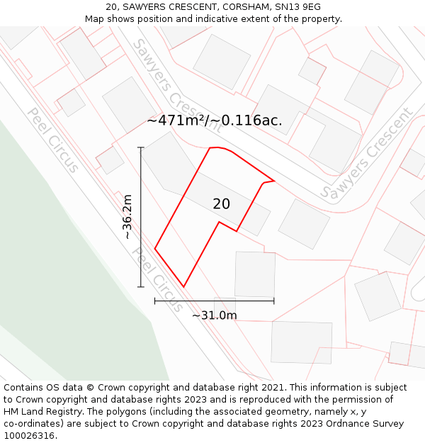 20, SAWYERS CRESCENT, CORSHAM, SN13 9EG: Plot and title map