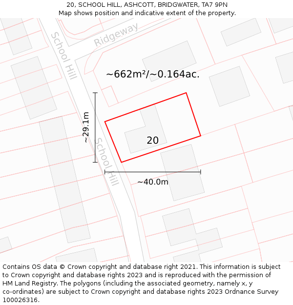 20, SCHOOL HILL, ASHCOTT, BRIDGWATER, TA7 9PN: Plot and title map