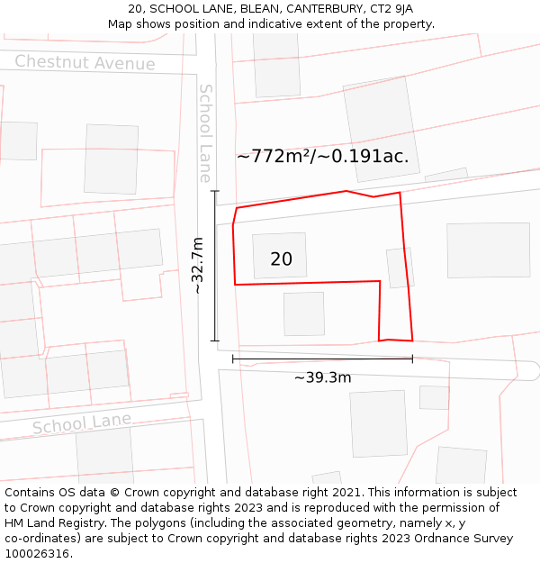 20, SCHOOL LANE, BLEAN, CANTERBURY, CT2 9JA: Plot and title map