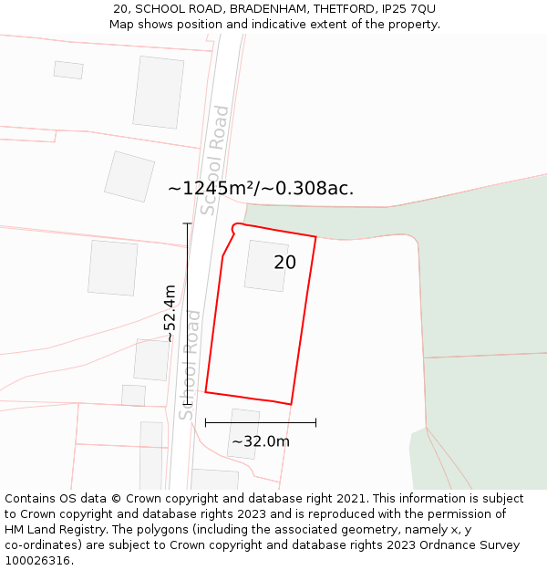 20, SCHOOL ROAD, BRADENHAM, THETFORD, IP25 7QU: Plot and title map