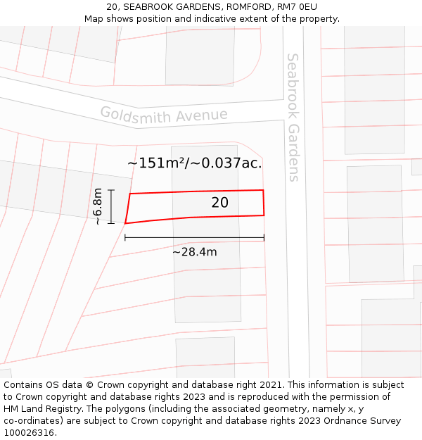 20, SEABROOK GARDENS, ROMFORD, RM7 0EU: Plot and title map