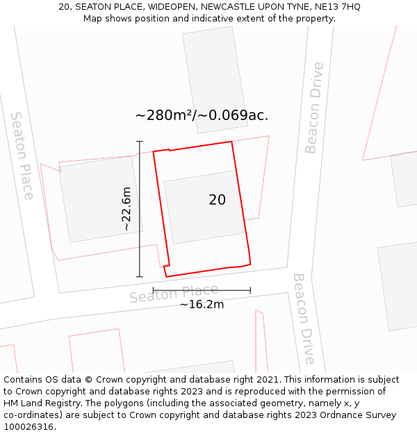 20, SEATON PLACE, WIDEOPEN, NEWCASTLE UPON TYNE, NE13 7HQ: Plot and title map