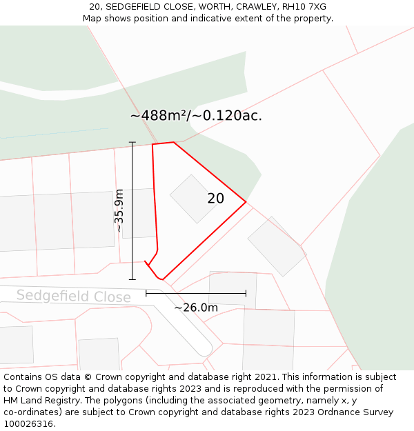 20, SEDGEFIELD CLOSE, WORTH, CRAWLEY, RH10 7XG: Plot and title map