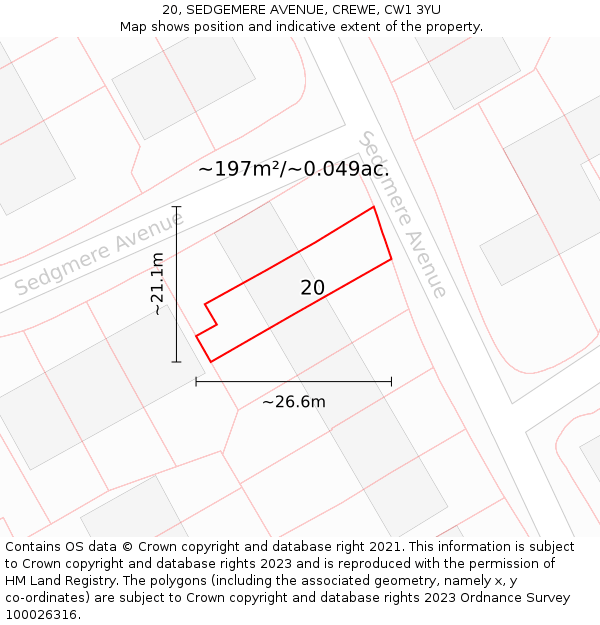 20, SEDGEMERE AVENUE, CREWE, CW1 3YU: Plot and title map