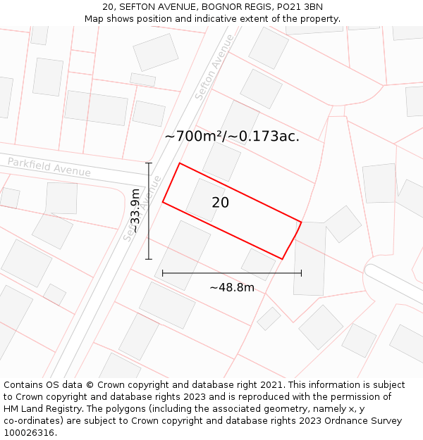 20, SEFTON AVENUE, BOGNOR REGIS, PO21 3BN: Plot and title map