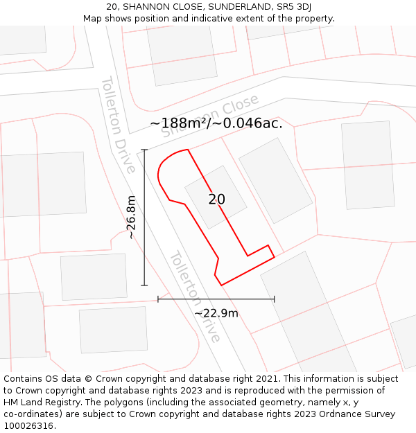 20, SHANNON CLOSE, SUNDERLAND, SR5 3DJ: Plot and title map