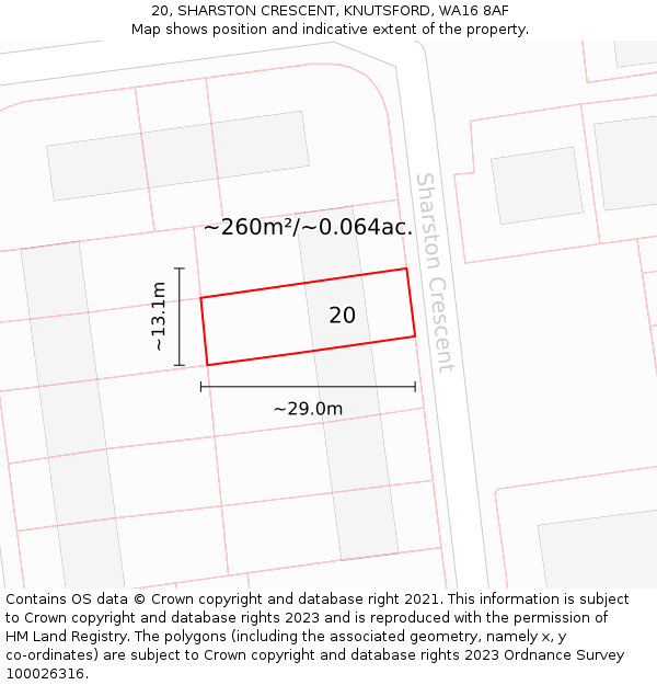 20, SHARSTON CRESCENT, KNUTSFORD, WA16 8AF: Plot and title map