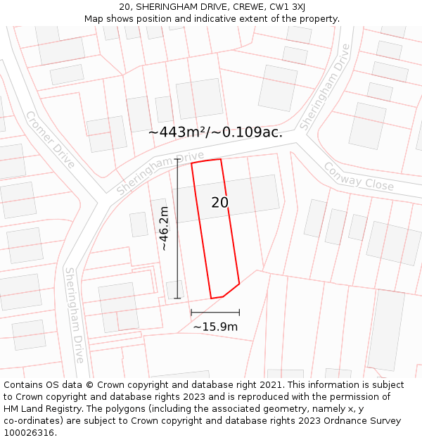 20, SHERINGHAM DRIVE, CREWE, CW1 3XJ: Plot and title map