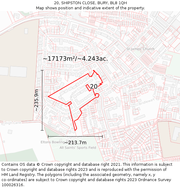 20, SHIPSTON CLOSE, BURY, BL8 1QH: Plot and title map