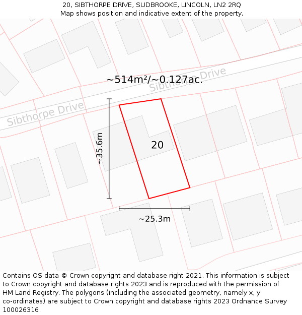 20, SIBTHORPE DRIVE, SUDBROOKE, LINCOLN, LN2 2RQ: Plot and title map