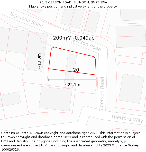 20, SIGERSON ROAD, SWINDON, SN25 1WA: Plot and title map