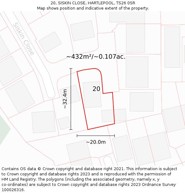20, SISKIN CLOSE, HARTLEPOOL, TS26 0SR: Plot and title map