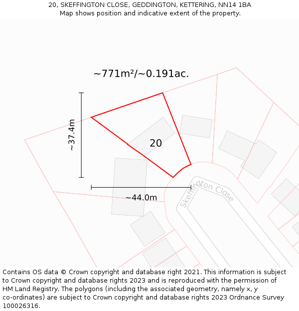 20, SKEFFINGTON CLOSE, GEDDINGTON, KETTERING, NN14 1BA: Plot and title map