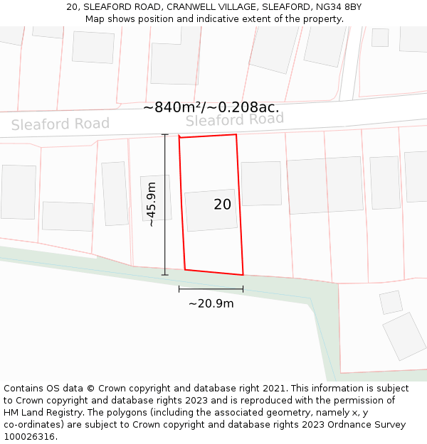 20, SLEAFORD ROAD, CRANWELL VILLAGE, SLEAFORD, NG34 8BY: Plot and title map