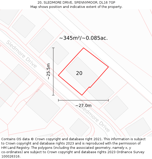 20, SLEDMORE DRIVE, SPENNYMOOR, DL16 7GP: Plot and title map