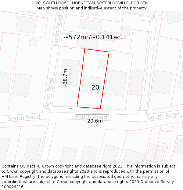 20, SOUTH ROAD, HORNDEAN, WATERLOOVILLE, PO8 0EN: Plot and title map