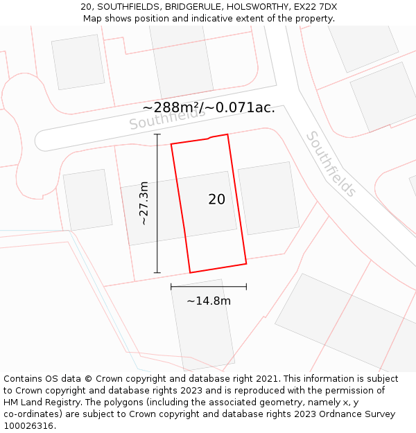 20, SOUTHFIELDS, BRIDGERULE, HOLSWORTHY, EX22 7DX: Plot and title map