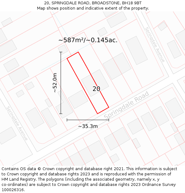 20, SPRINGDALE ROAD, BROADSTONE, BH18 9BT: Plot and title map