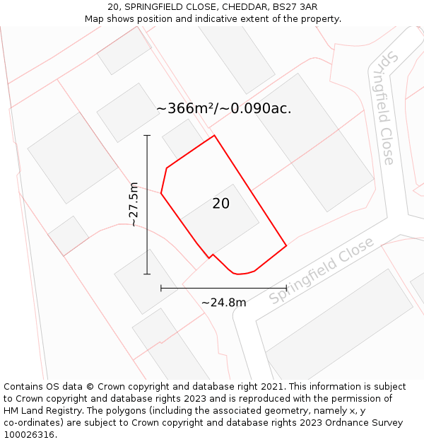 20, SPRINGFIELD CLOSE, CHEDDAR, BS27 3AR: Plot and title map