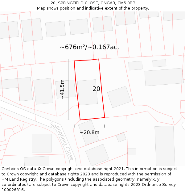 20, SPRINGFIELD CLOSE, ONGAR, CM5 0BB: Plot and title map