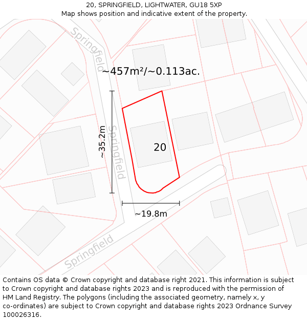 20, SPRINGFIELD, LIGHTWATER, GU18 5XP: Plot and title map