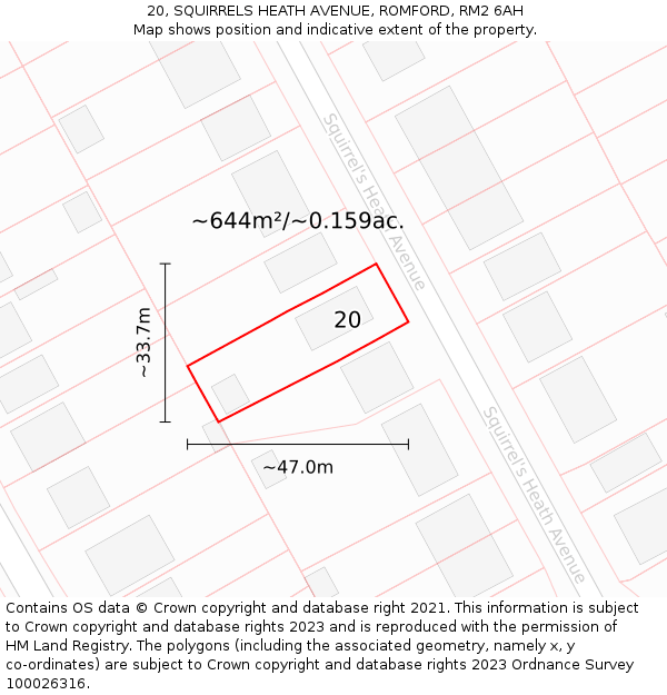 20, SQUIRRELS HEATH AVENUE, ROMFORD, RM2 6AH: Plot and title map