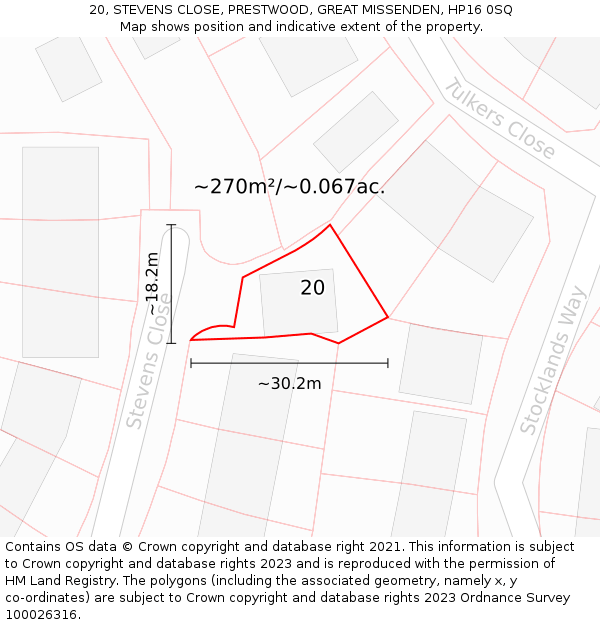 20, STEVENS CLOSE, PRESTWOOD, GREAT MISSENDEN, HP16 0SQ: Plot and title map