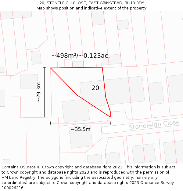 20, STONELEIGH CLOSE, EAST GRINSTEAD, RH19 3DY: Plot and title map