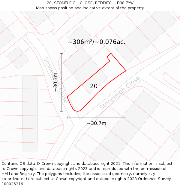 20, STONELEIGH CLOSE, REDDITCH, B98 7YW: Plot and title map