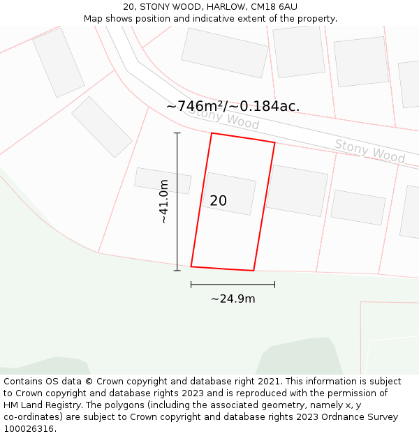 20, STONY WOOD, HARLOW, CM18 6AU: Plot and title map