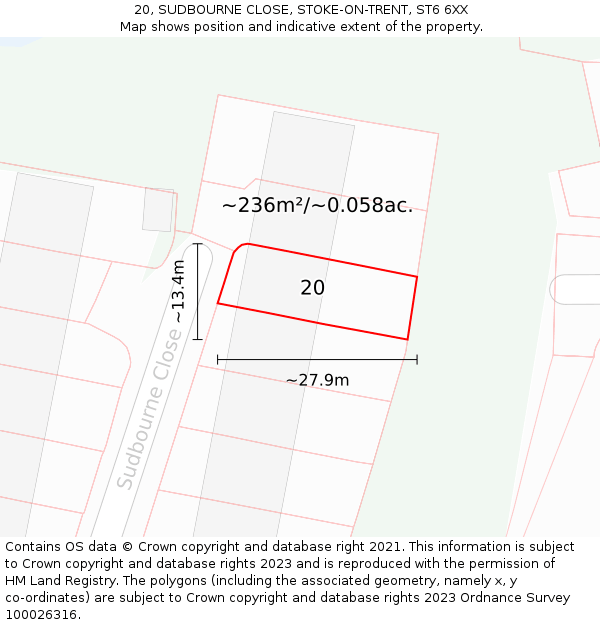 20, SUDBOURNE CLOSE, STOKE-ON-TRENT, ST6 6XX: Plot and title map