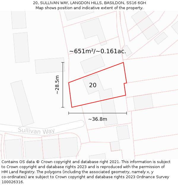 20, SULLIVAN WAY, LANGDON HILLS, BASILDON, SS16 6GH: Plot and title map