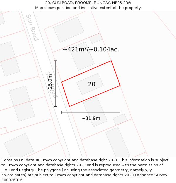 20, SUN ROAD, BROOME, BUNGAY, NR35 2RW: Plot and title map