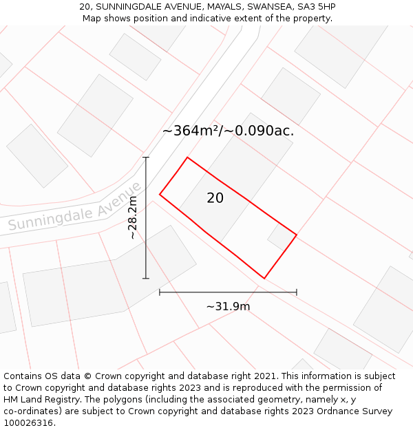 20, SUNNINGDALE AVENUE, MAYALS, SWANSEA, SA3 5HP: Plot and title map