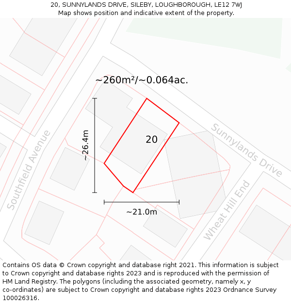 20, SUNNYLANDS DRIVE, SILEBY, LOUGHBOROUGH, LE12 7WJ: Plot and title map