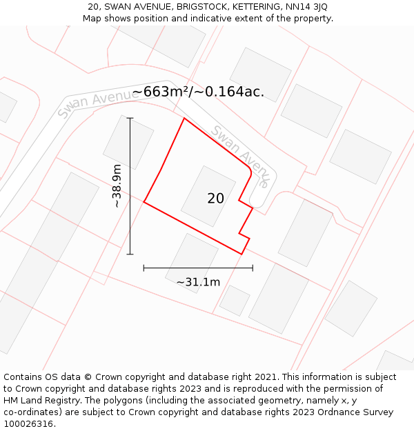 20, SWAN AVENUE, BRIGSTOCK, KETTERING, NN14 3JQ: Plot and title map