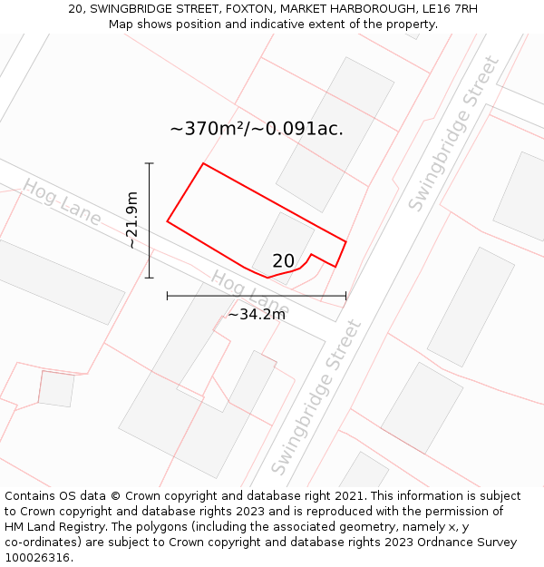 20, SWINGBRIDGE STREET, FOXTON, MARKET HARBOROUGH, LE16 7RH: Plot and title map