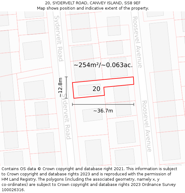 20, SYDERVELT ROAD, CANVEY ISLAND, SS8 9EF: Plot and title map