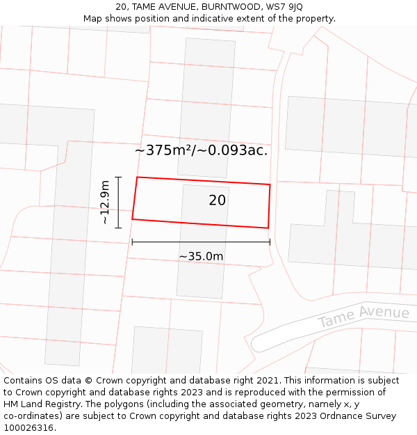 20, TAME AVENUE, BURNTWOOD, WS7 9JQ: Plot and title map